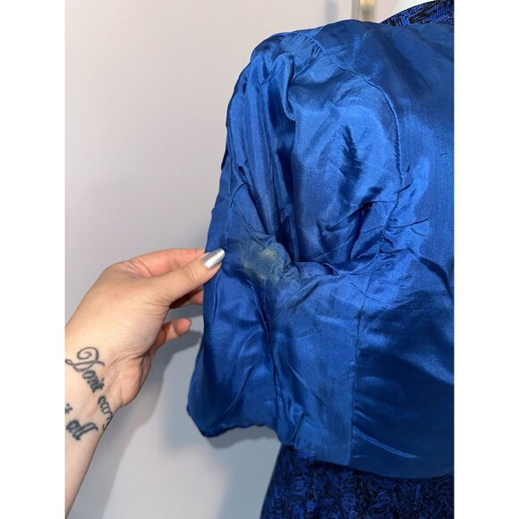 Vtg 50s Hattie Carnegie Blue Black Textured Silk Sheath Dress w/ Shrug Medium - Picture 11 of 12